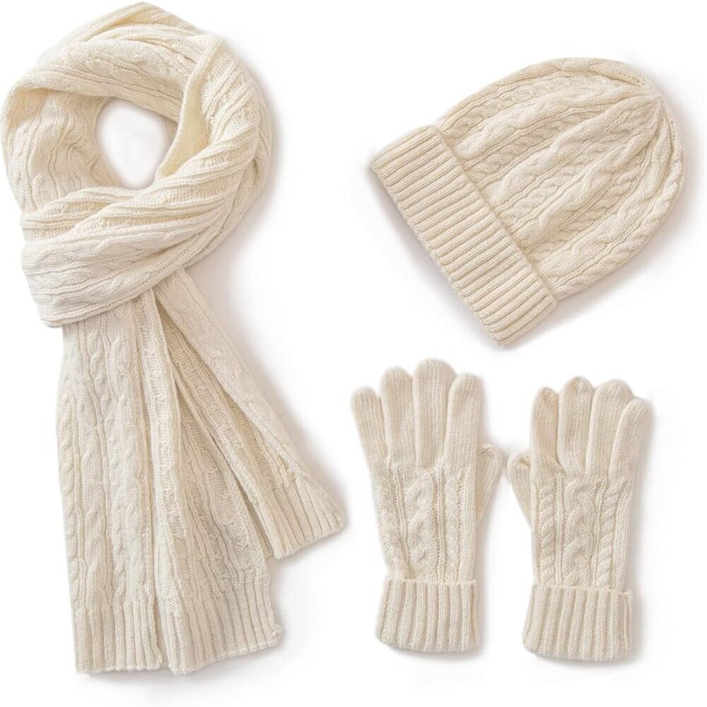3 in 1 Womens Wool Hat Gloves & Scarf Winter Set, 3 Piece Cable Knitted Beanie H